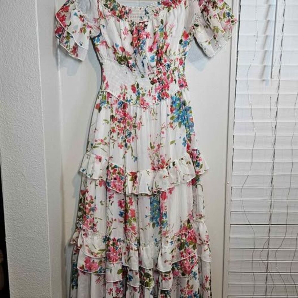 Boho Cottagecore White Floral Ruffle Maxi Dress